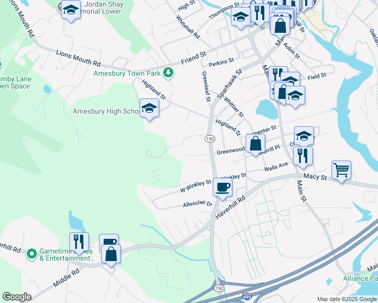 map of restaurants, bars, coffee shops, grocery stores, and more near 57 West Greenwood Street in Amesbury
