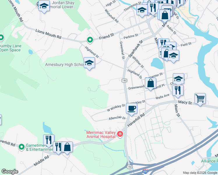 map of restaurants, bars, coffee shops, grocery stores, and more near 57 West Greenwood Street in Amesbury