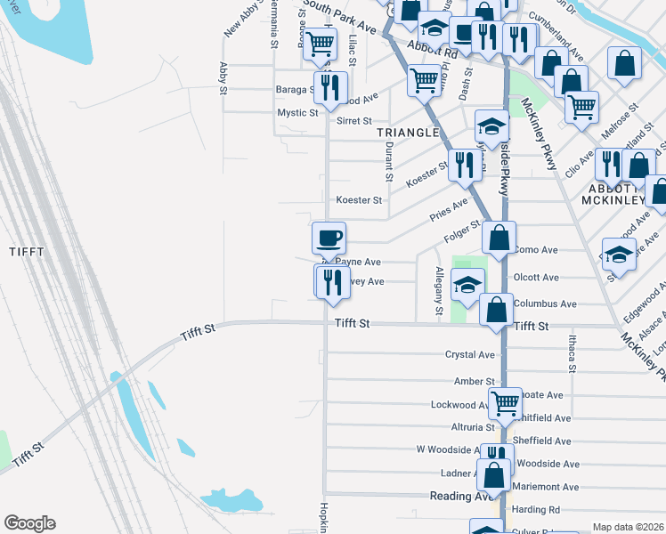 map of restaurants, bars, coffee shops, grocery stores, and more near 423 Hopkins Street in Buffalo