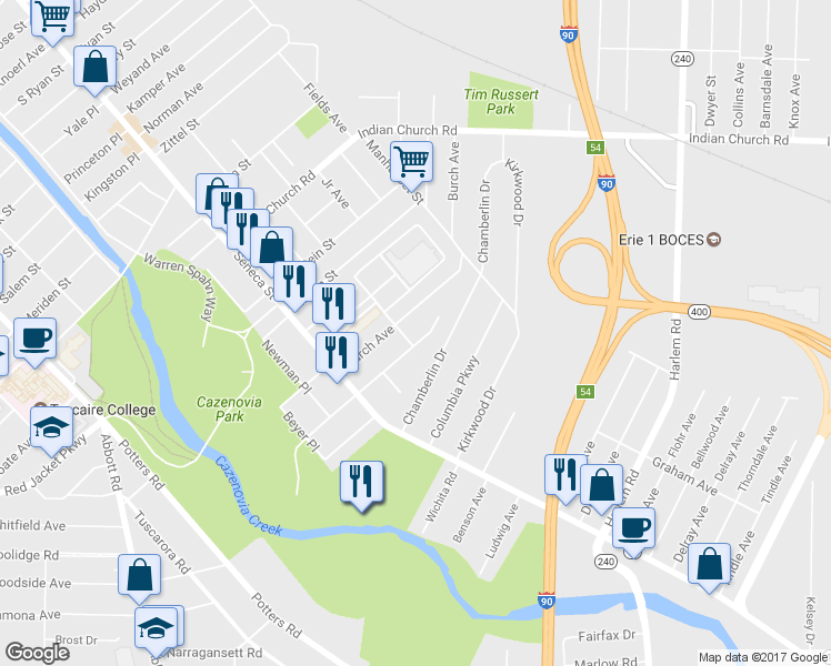 map of restaurants, bars, coffee shops, grocery stores, and more near 156 Wildwood Place in Buffalo