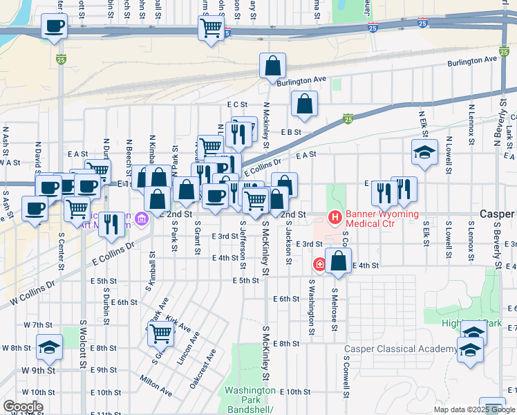 map of restaurants, bars, coffee shops, grocery stores, and more near in Casper
