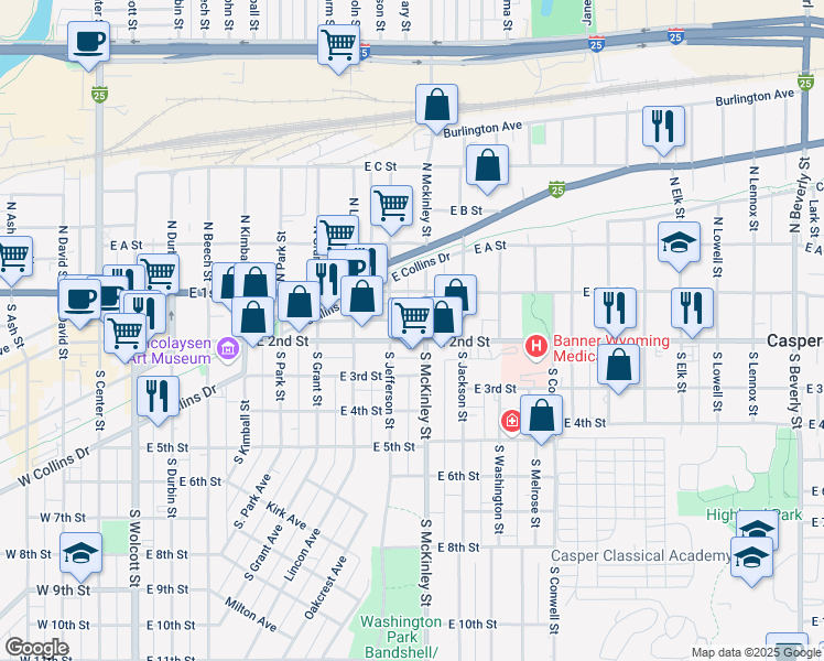 map of restaurants, bars, coffee shops, grocery stores, and more near in Casper