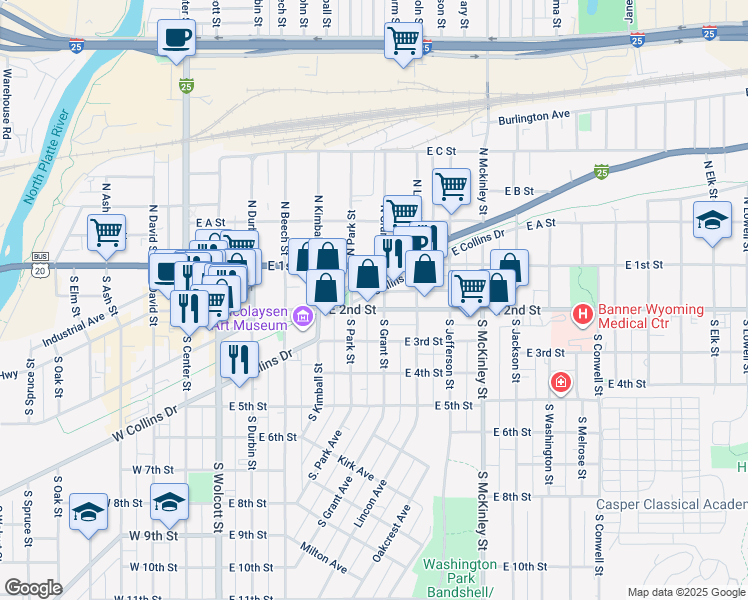 map of restaurants, bars, coffee shops, grocery stores, and more near 626 E 2nd St in Casper