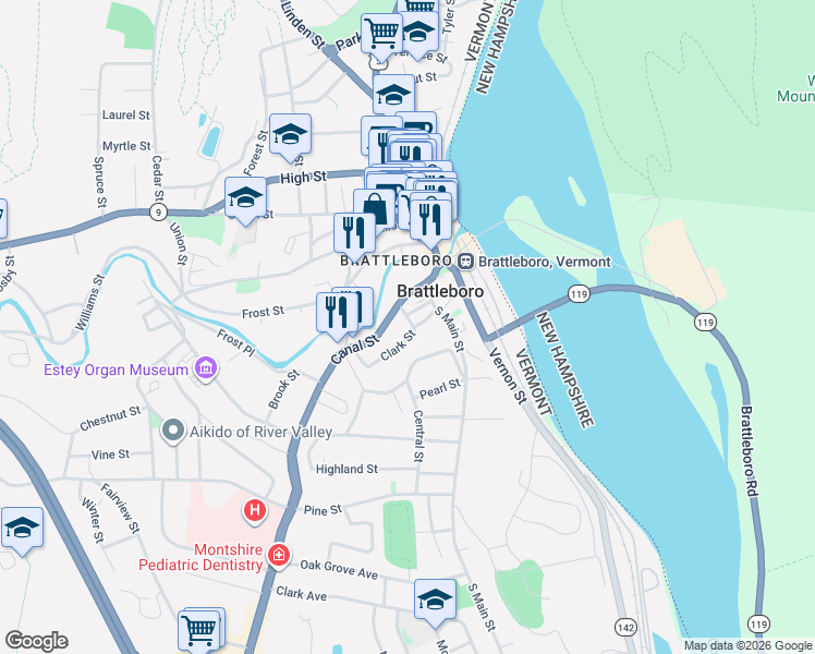 map of restaurants, bars, coffee shops, grocery stores, and more near 20 Lawrence Street in Brattleboro