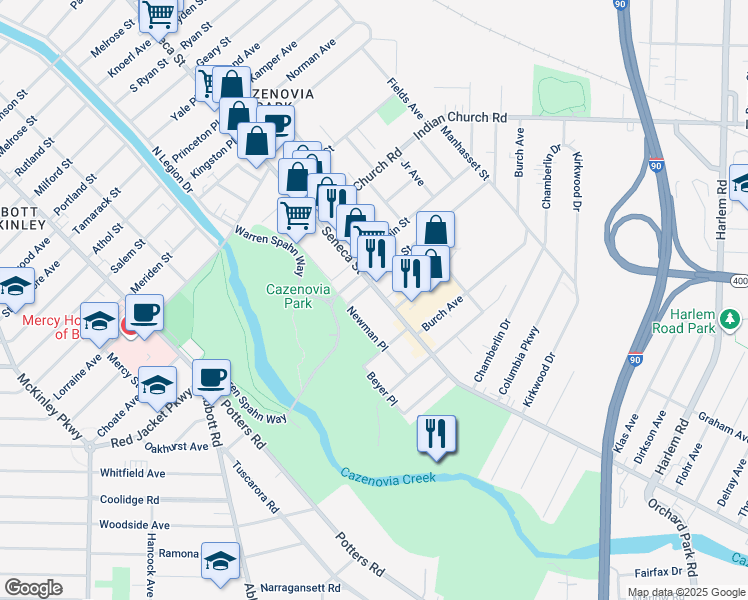 map of restaurants, bars, coffee shops, grocery stores, and more near in Buffalo