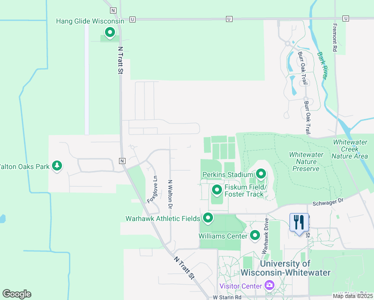 map of restaurants, bars, coffee shops, grocery stores, and more near 1036 West Hillview Drive in Whitewater