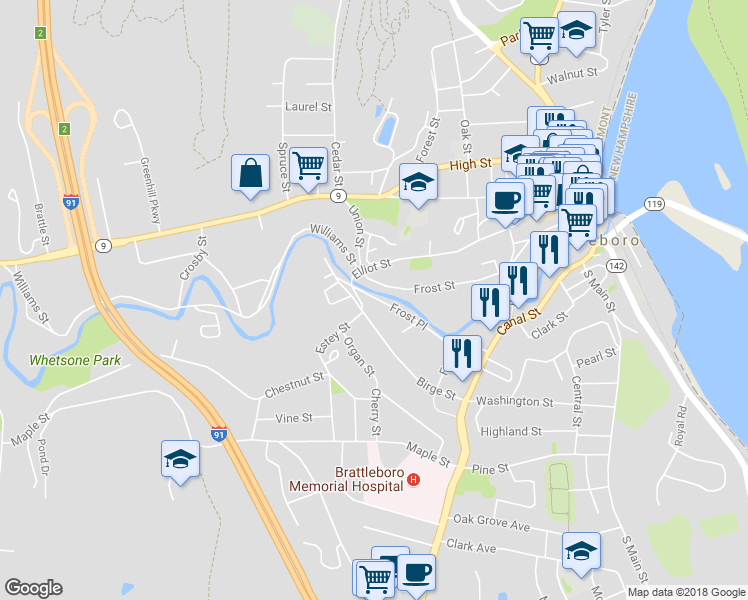 map of restaurants, bars, coffee shops, grocery stores, and more near 33 Frost Place in Brattleboro