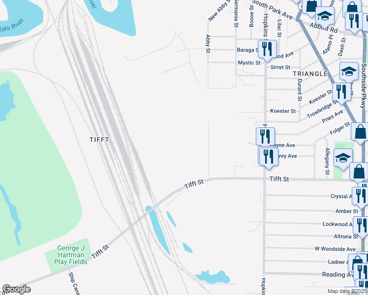 map of restaurants, bars, coffee shops, grocery stores, and more near 100 Rittling Boulevard in Buffalo