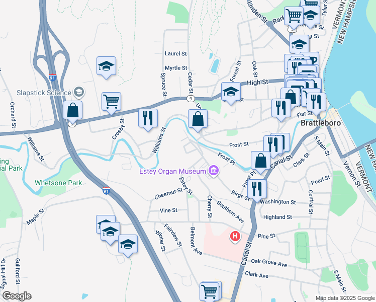 map of restaurants, bars, coffee shops, grocery stores, and more near 45 Baker Street in Brattleboro