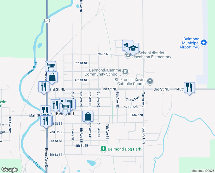 map of restaurants, bars, coffee shops, grocery stores, and more near 701-799 3rd Street Northeast in Belmond
