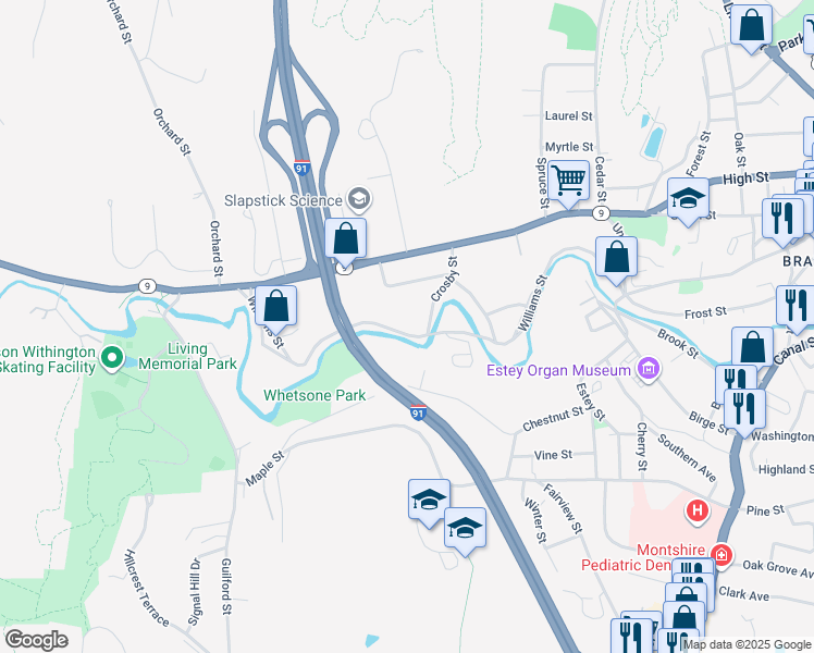 map of restaurants, bars, coffee shops, grocery stores, and more near 311 Williams Street in Brattleboro