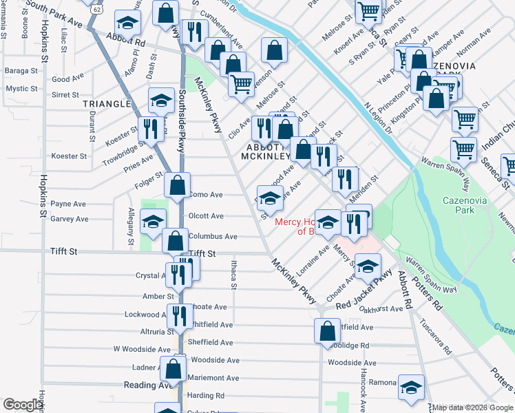 map of restaurants, bars, coffee shops, grocery stores, and more near 633 McKinley Parkway in Buffalo