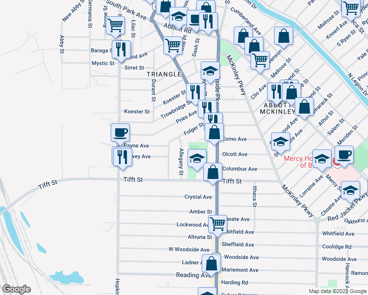 map of restaurants, bars, coffee shops, grocery stores, and more near 73 Allegany Street in Buffalo