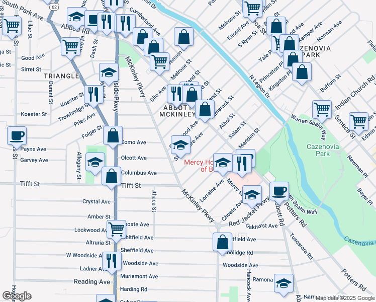 map of restaurants, bars, coffee shops, grocery stores, and more near 39 Strathmore Avenue in Buffalo