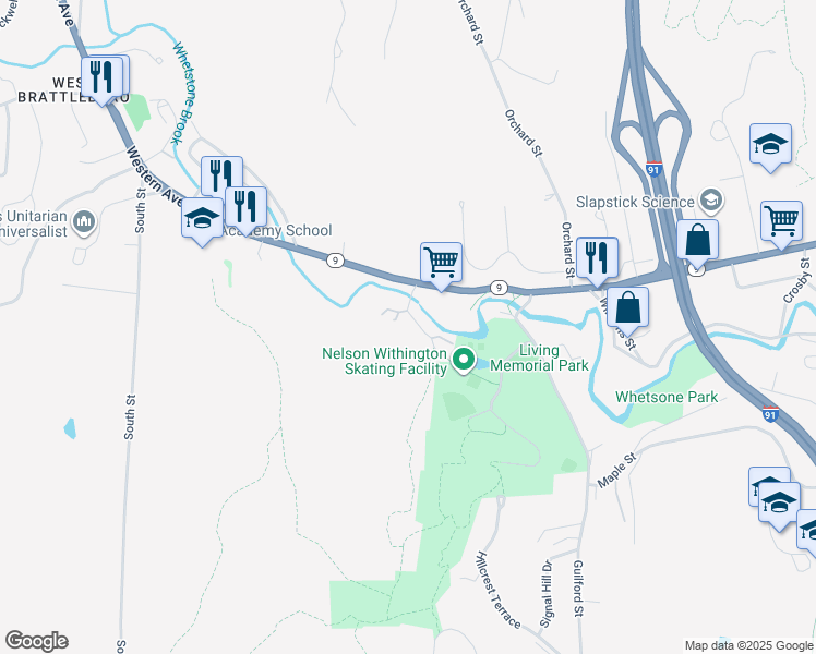 map of restaurants, bars, coffee shops, grocery stores, and more near 39 Brookside Drive in West Brattleboro