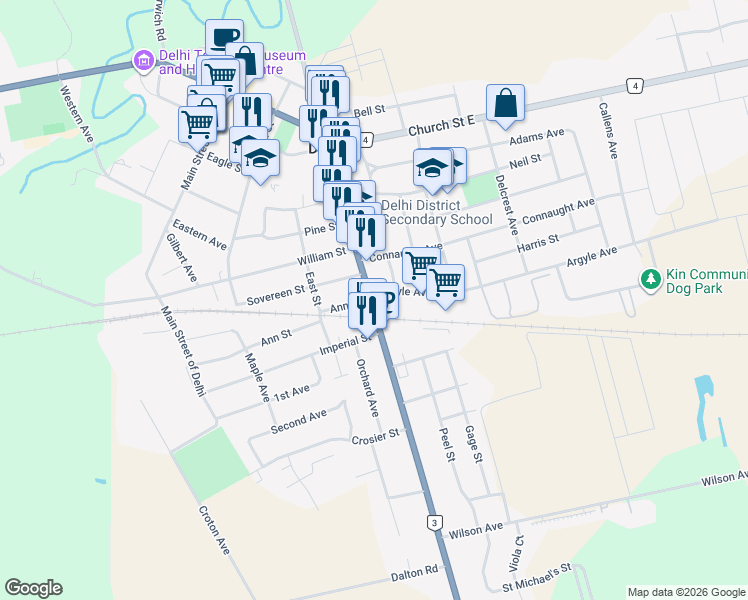 map of restaurants, bars, coffee shops, grocery stores, and more near 451 James Street in Delhi