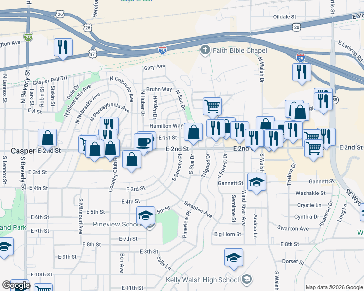 map of restaurants, bars, coffee shops, grocery stores, and more near 3204 East 2nd Street in Casper