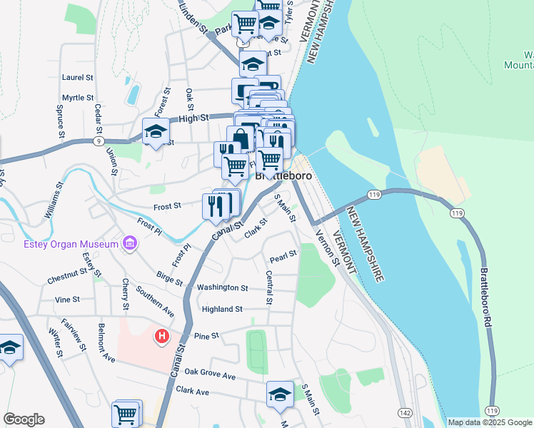 map of restaurants, bars, coffee shops, grocery stores, and more near 20 Lawrence Street in Brattleboro