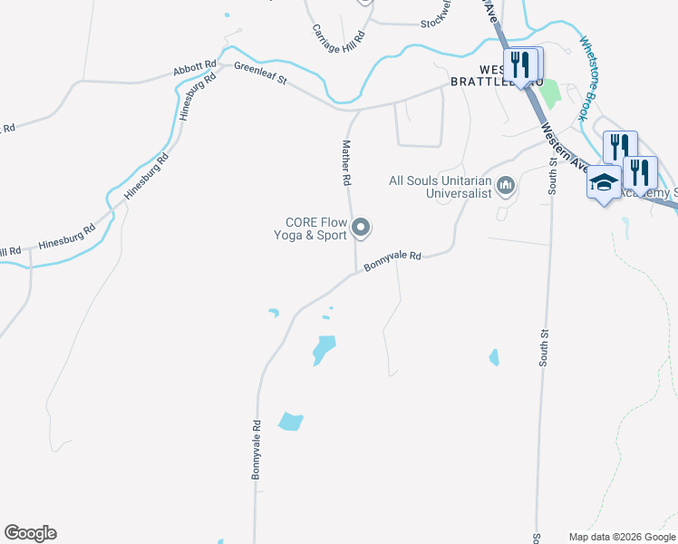 map of restaurants, bars, coffee shops, grocery stores, and more near 341 Bonnyvale Road in Brattleboro