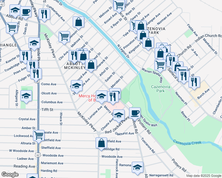 map of restaurants, bars, coffee shops, grocery stores, and more near 542 Abbott Road in Buffalo