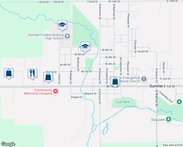 map of restaurants, bars, coffee shops, grocery stores, and more near 505 West 3rd Street in Sumner