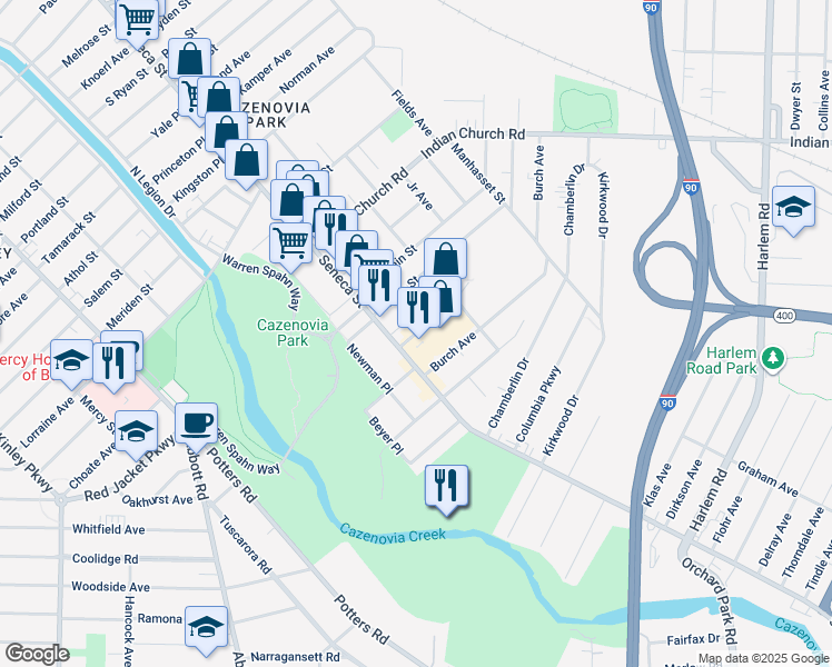 map of restaurants, bars, coffee shops, grocery stores, and more near 2412 Seneca Street in Buffalo