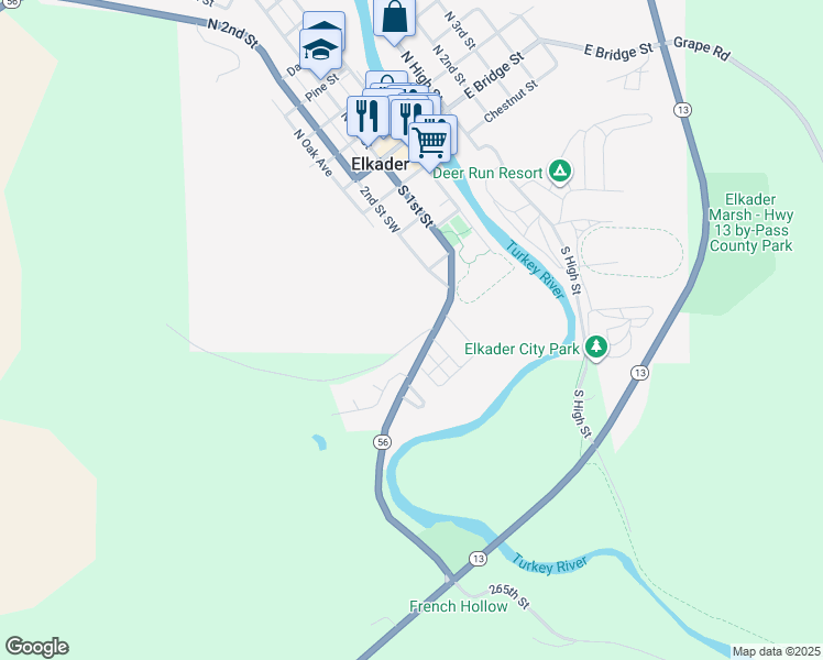 map of restaurants, bars, coffee shops, grocery stores, and more near 500 Volga Road in Elkader