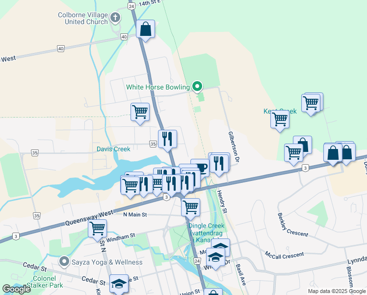 map of restaurants, bars, coffee shops, grocery stores, and more near 18 Second Avenue East in Simcoe
