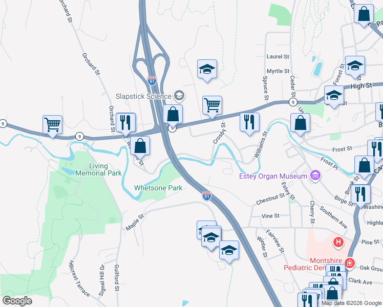 map of restaurants, bars, coffee shops, grocery stores, and more near 343 Williams Street in Brattleboro