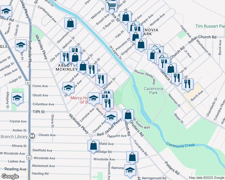 map of restaurants, bars, coffee shops, grocery stores, and more near 36 Cazenovia Street in Buffalo