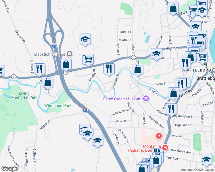map of restaurants, bars, coffee shops, grocery stores, and more near 62 West Street in Brattleboro