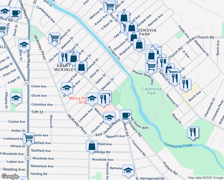 map of restaurants, bars, coffee shops, grocery stores, and more near 36 Cazenovia Street in Buffalo