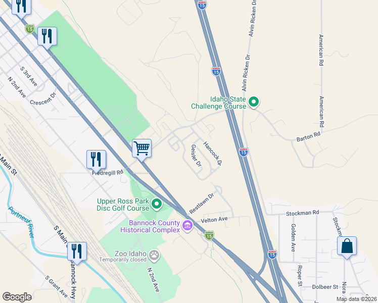 map of restaurants, bars, coffee shops, grocery stores, and more near 845 Barton Road in Pocatello