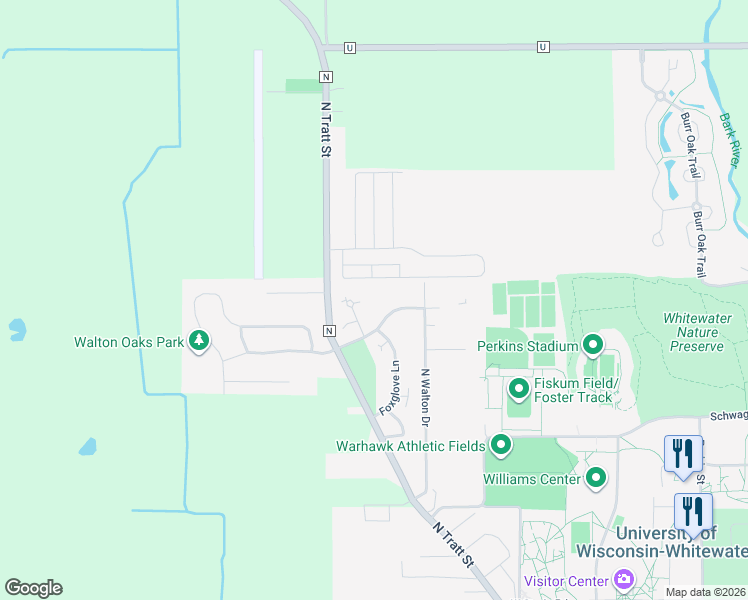 map of restaurants, bars, coffee shops, grocery stores, and more near 1150 Bloomingfield Drive in Whitewater