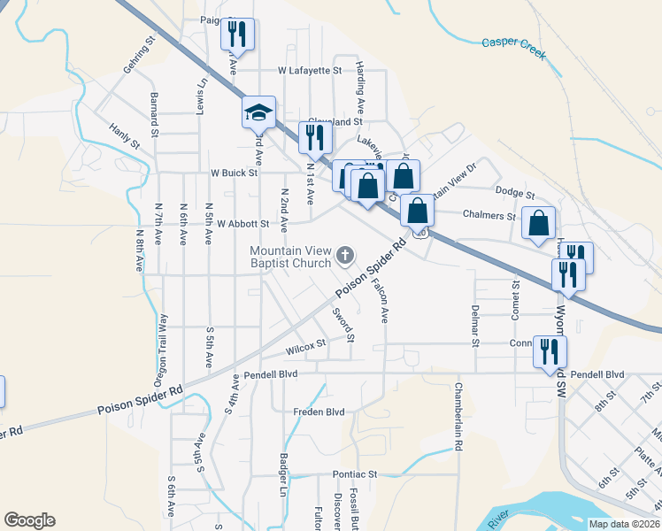 map of restaurants, bars, coffee shops, grocery stores, and more near Massk Way in Mills
