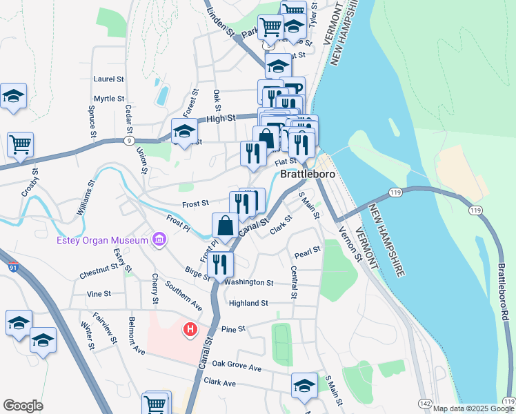 map of restaurants, bars, coffee shops, grocery stores, and more near 60 Elm Street in Brattleboro