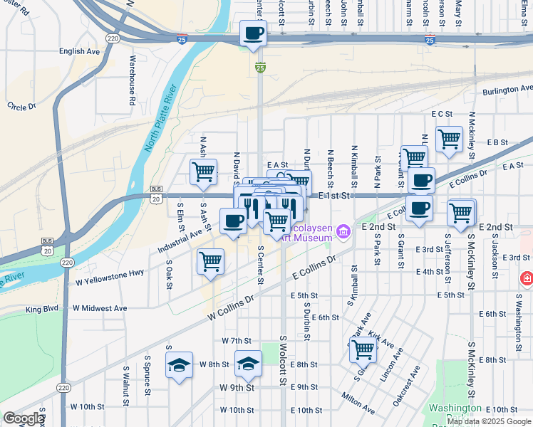 map of restaurants, bars, coffee shops, grocery stores, and more near in Casper