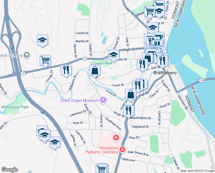 map of restaurants, bars, coffee shops, grocery stores, and more near 58 Frost Place in Brattleboro