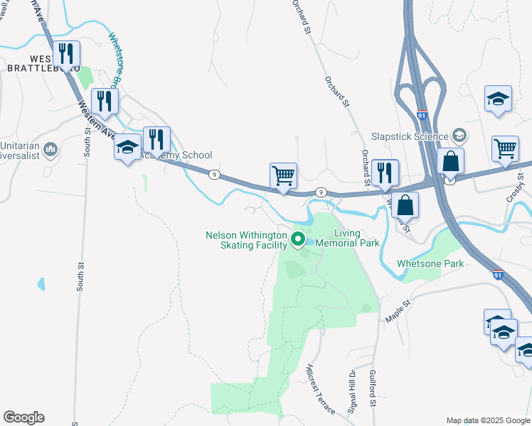 map of restaurants, bars, coffee shops, grocery stores, and more near 39 Brookside Drive in West Brattleboro