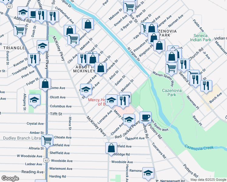 map of restaurants, bars, coffee shops, grocery stores, and more near 119 Edgewood Avenue in Buffalo