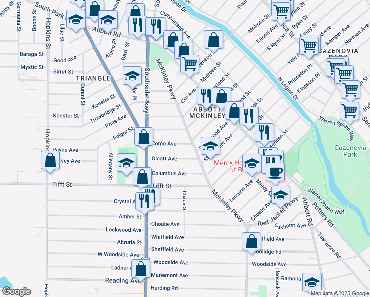 map of restaurants, bars, coffee shops, grocery stores, and more near 70 Olcott Avenue in Buffalo