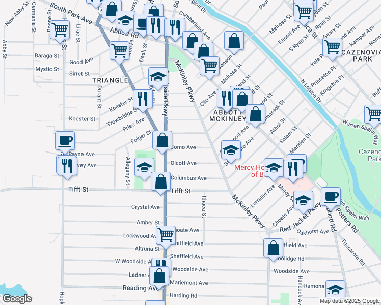 map of restaurants, bars, coffee shops, grocery stores, and more near 44 Olcott Avenue in Buffalo
