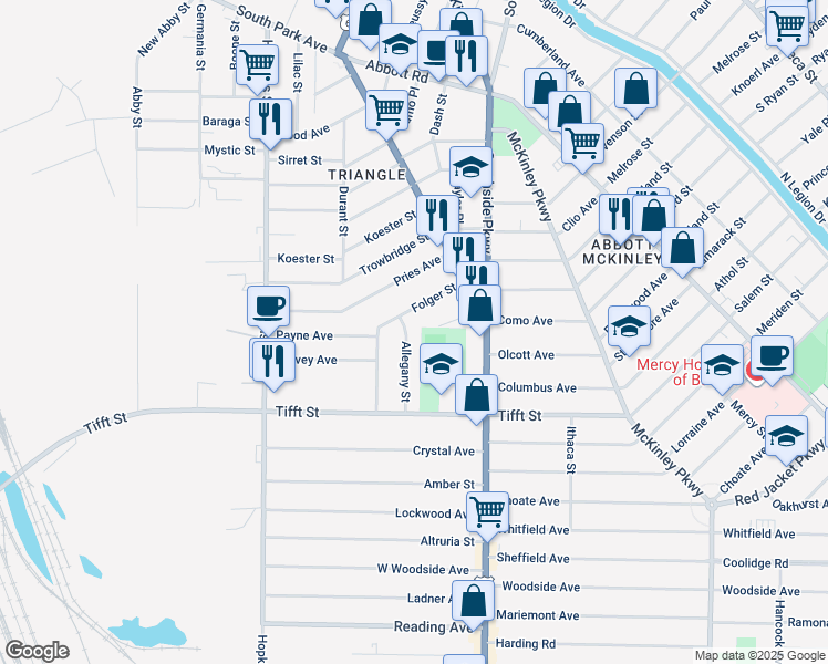map of restaurants, bars, coffee shops, grocery stores, and more near 73 Allegany Street in Buffalo