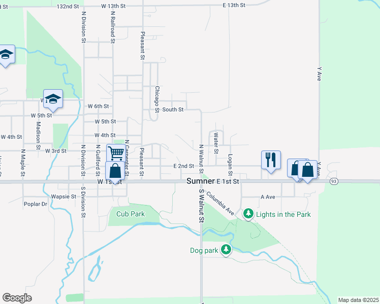 map of restaurants, bars, coffee shops, grocery stores, and more near 409 Oak Street in Sumner