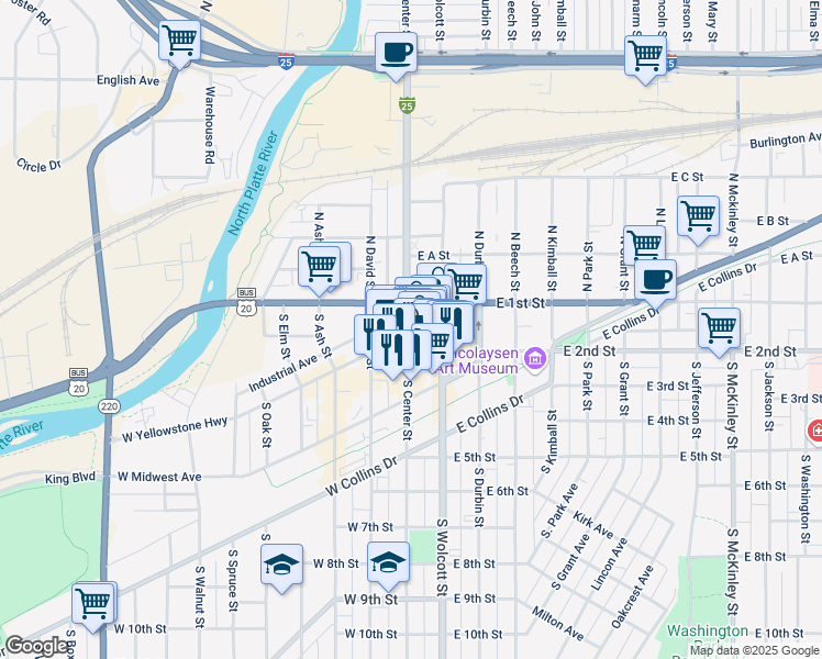 map of restaurants, bars, coffee shops, grocery stores, and more near 137 South Center Street in Casper
