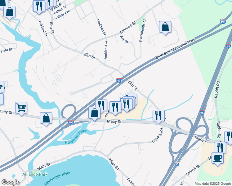 map of restaurants, bars, coffee shops, grocery stores, and more near 36A Rocky Hill Road in Amesbury