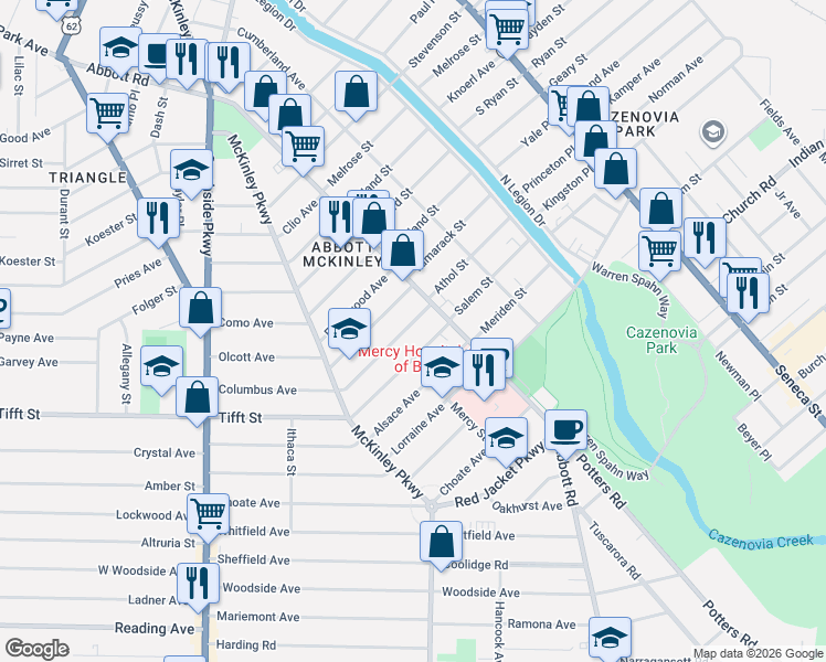 map of restaurants, bars, coffee shops, grocery stores, and more near 235 Columbus Avenue in Buffalo