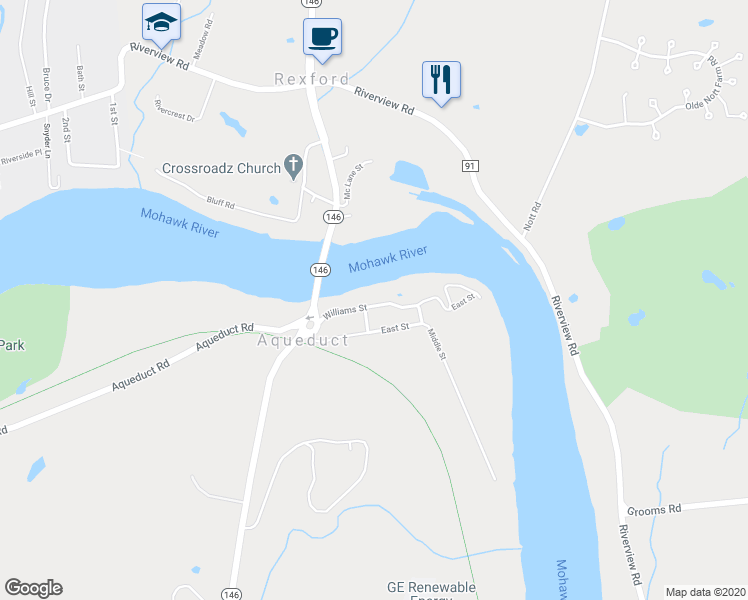 map of restaurants, bars, coffee shops, grocery stores, and more near 53 Williams Street in Schenectady