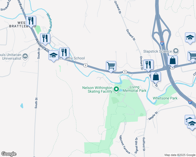 map of restaurants, bars, coffee shops, grocery stores, and more near 12 Culbertson Drive in Brattleboro