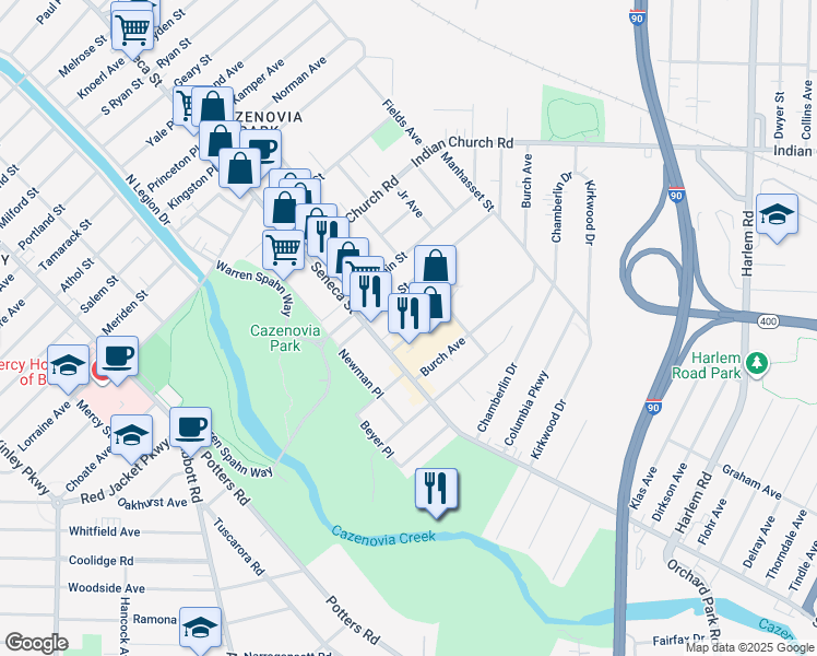 map of restaurants, bars, coffee shops, grocery stores, and more near 2412 Seneca Street in Buffalo